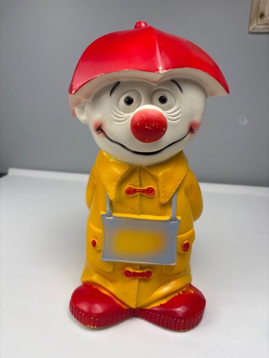 Play Pal Plastics Other - 1971 Play Pal Plastics "For A Rainy Day" Clown Coin Bank 12" Red/Yellow Collecti